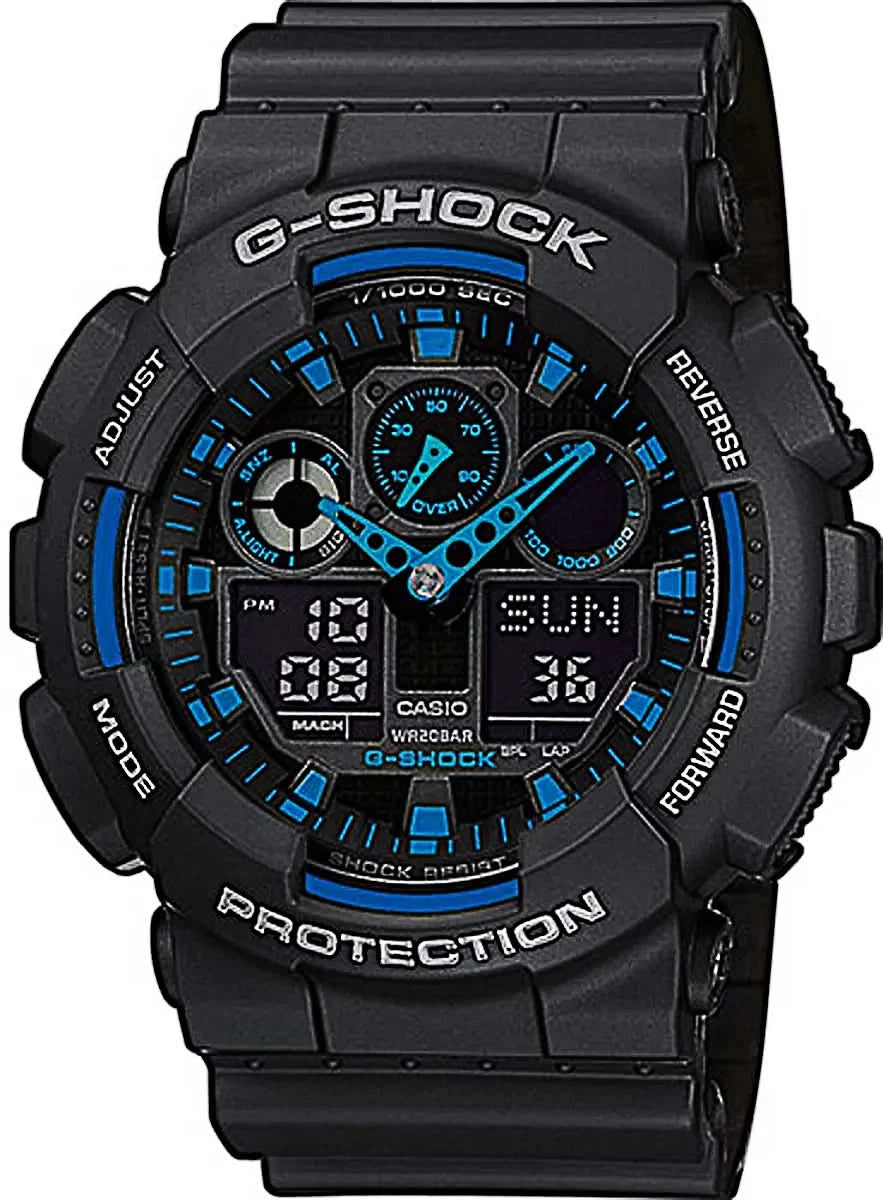 Casio G-Shock herrarmbandsur med svart boett och blå urtavla