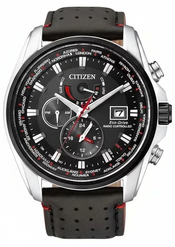 Citizen herrklocka med svart urtavla, självlysande visare och svart läderarmband