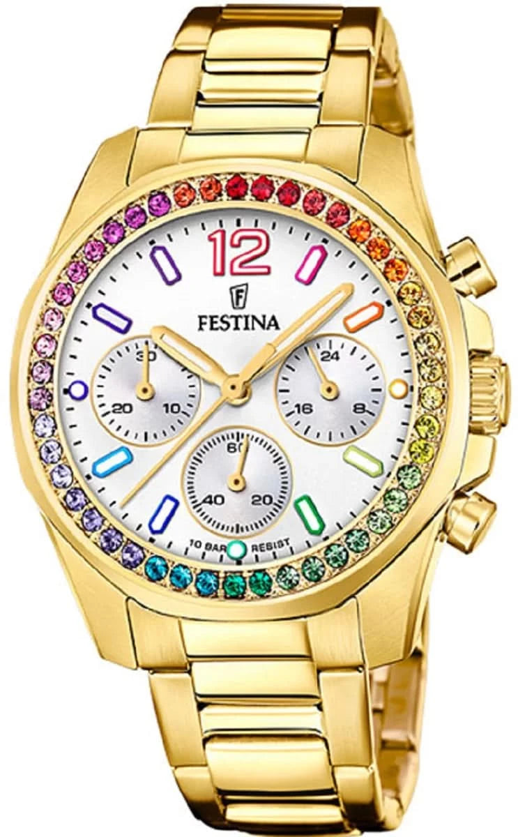 Festina damklocka med guldfärgat metallarmband, vit urtavla och regnbågsinspirerad infattning, kvarts