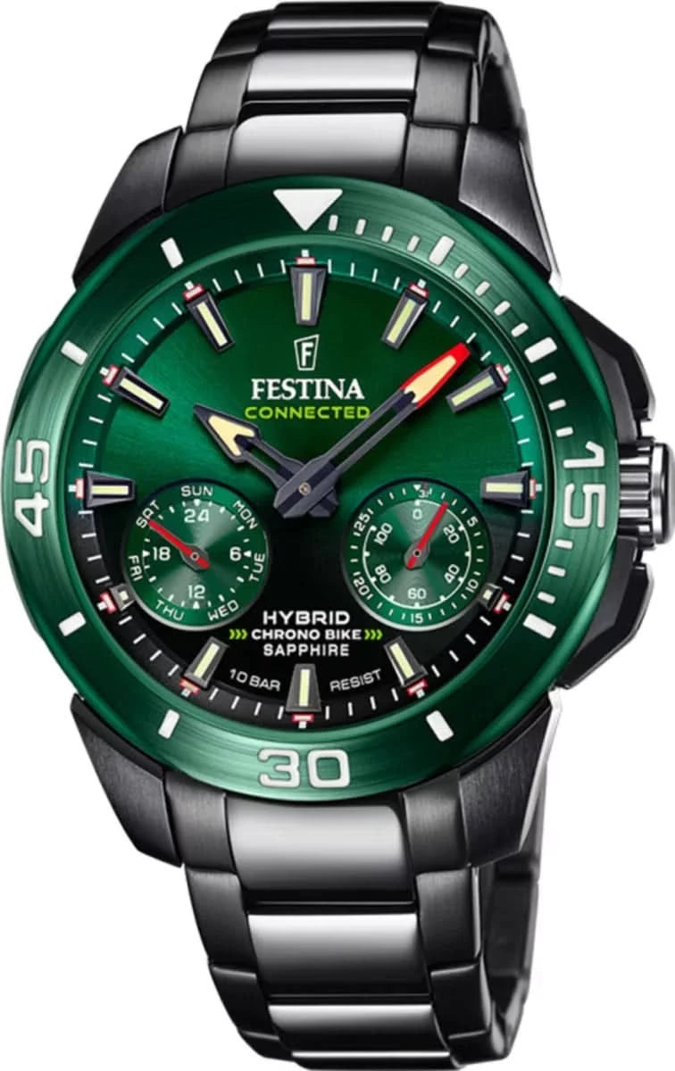 Festina herrur med grön urtavla, svart metallband och kronograf-suburtavlor