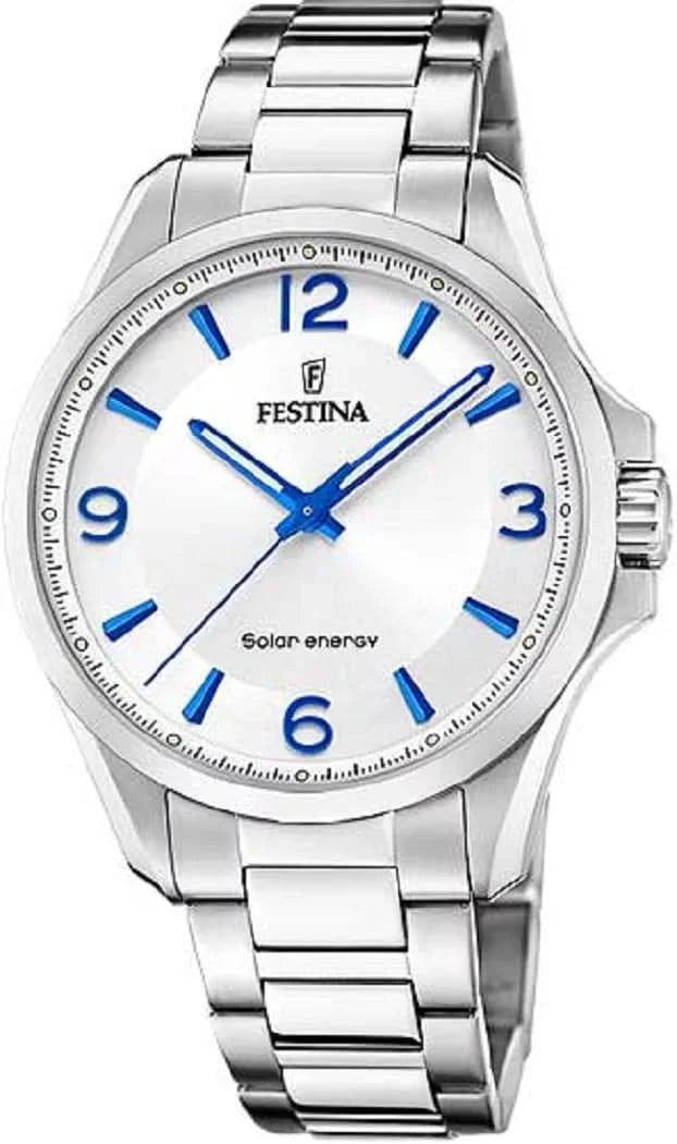 Festina herrklocka i rostfritt stål med vit urtavla och blå visare, metallarmband