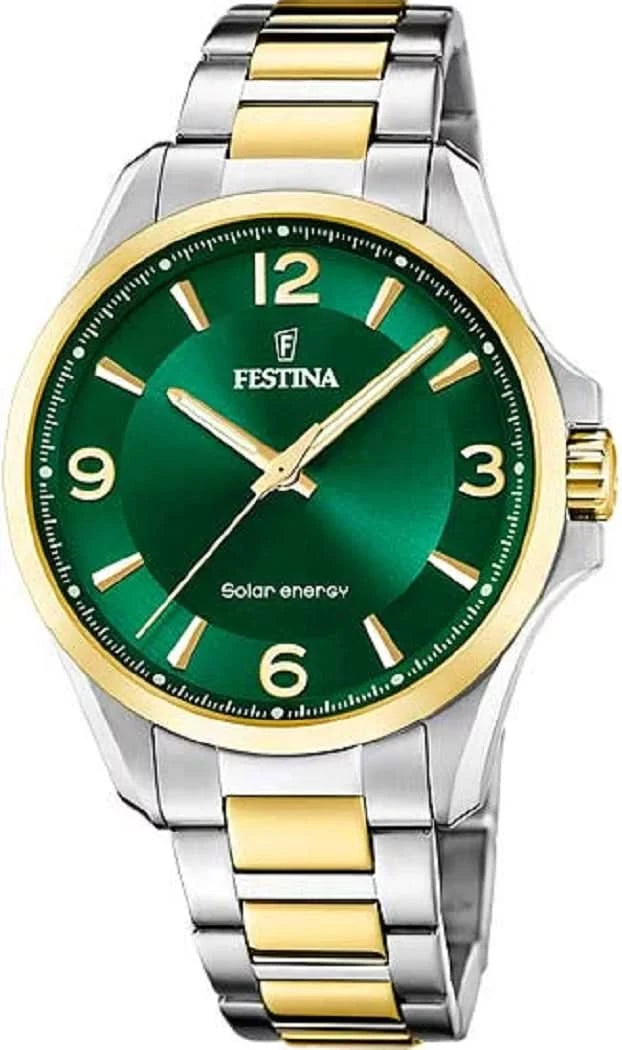 Festina Herrklocka Solar, bicolor stål/guld, grön urtavla med index och visare