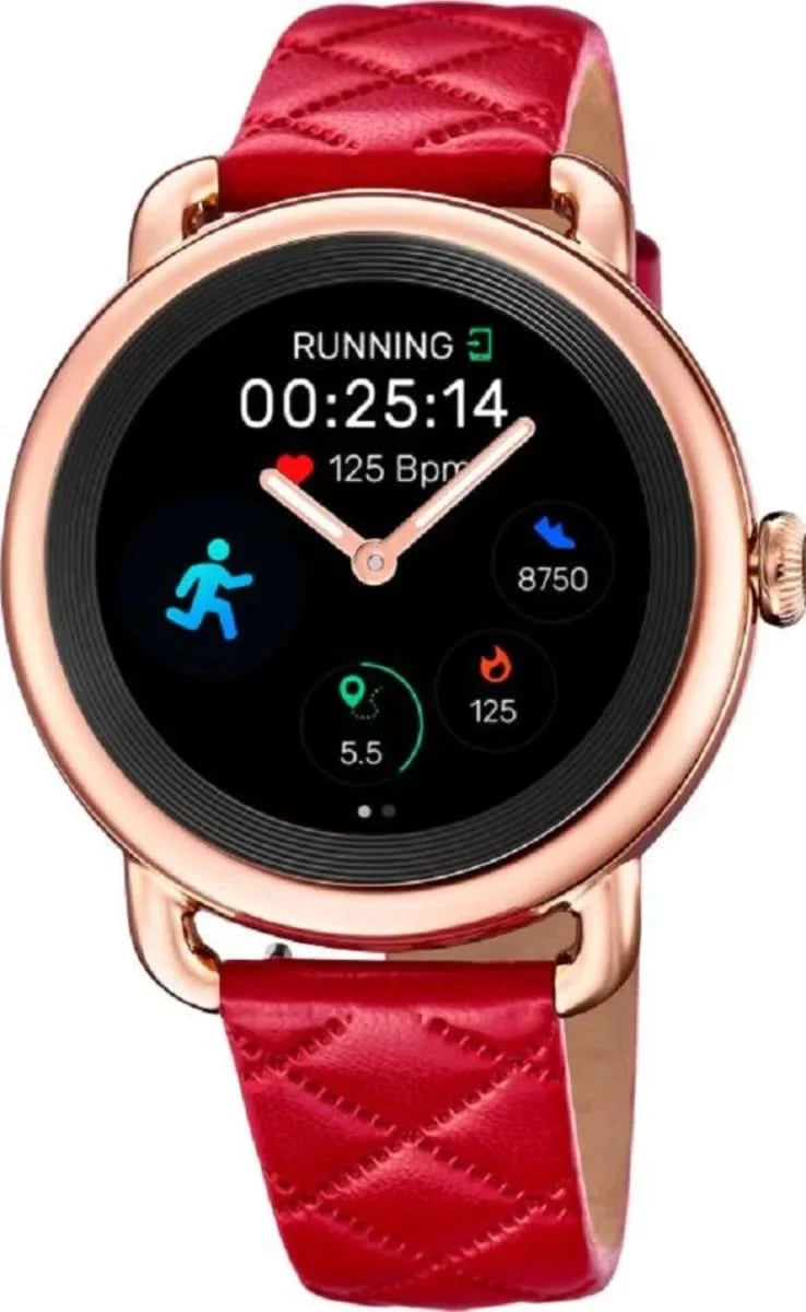 Festina SmarTime damklocka med rött läderarmband, roséguldpläterad boett och digital display