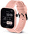 Rosa smartwatch med display 10:09, sidoknapp och armband med hålmönster