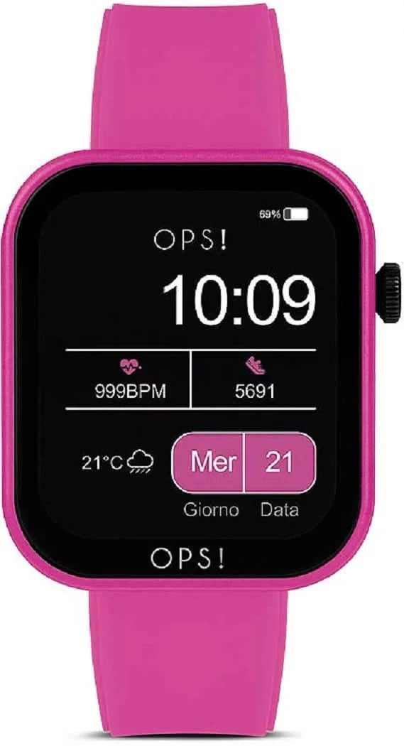 Smartklocka med rosa silikonarmband och rund skärm, visning 10:09 och datum