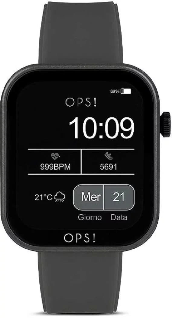OPS! Smartklocka med svart display och grått armband i silikon, frontvy