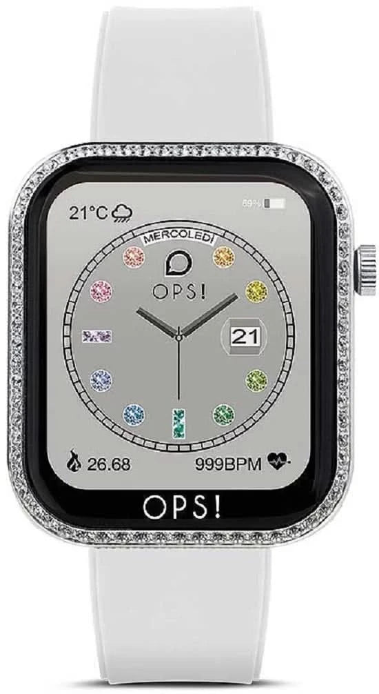 Unisex smartklocka: vitt silikonarmband, silverfärgad ram med strass