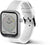 Unisex smartklocka med vitt armband, strassinfattad ring och sidoknappar