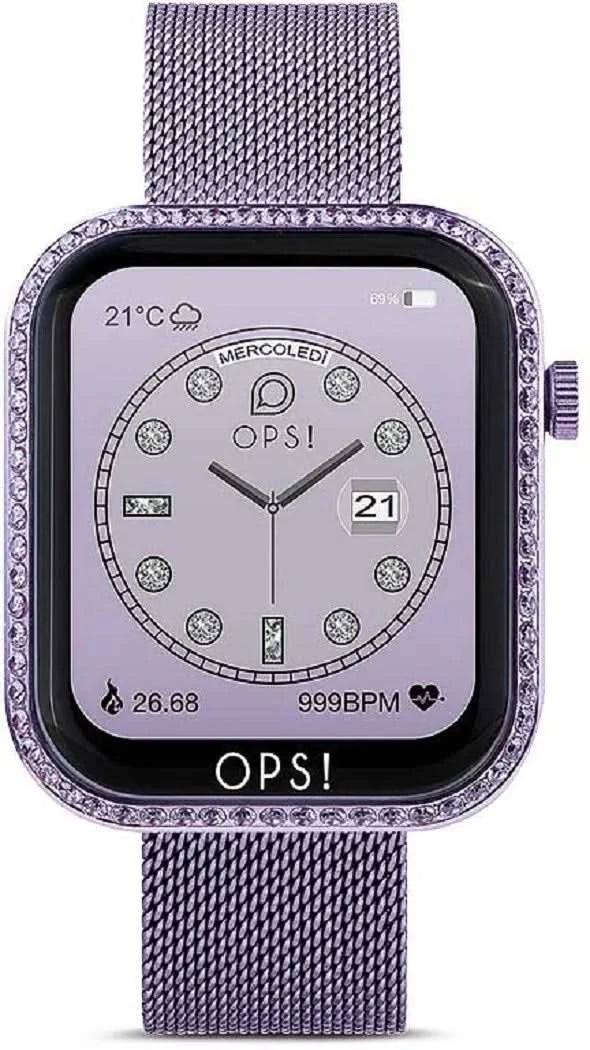 "Unisex smartwatch med lila mesharmband, fyrkantig urtavla och OPS!-urtavla"