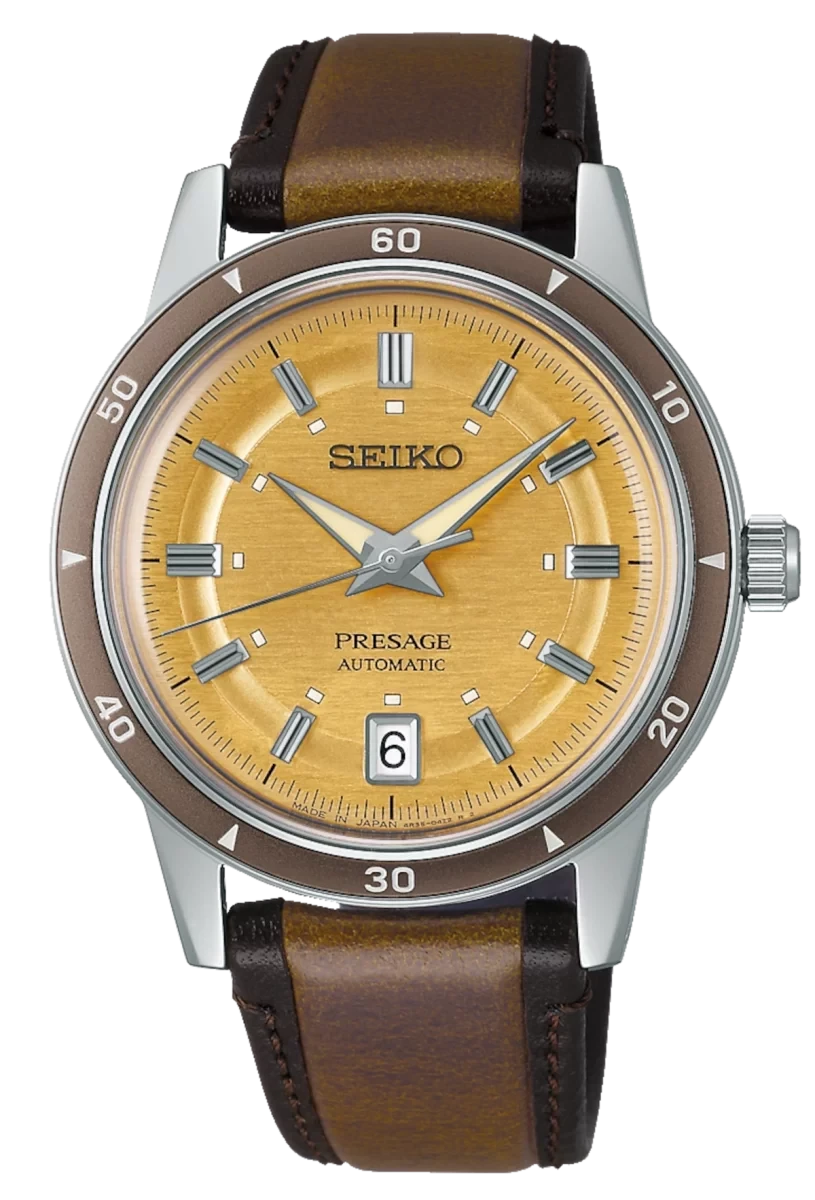 SEIKO Presage herrklocka med gul urtavla, brunt läderband, silverfärgat hölje