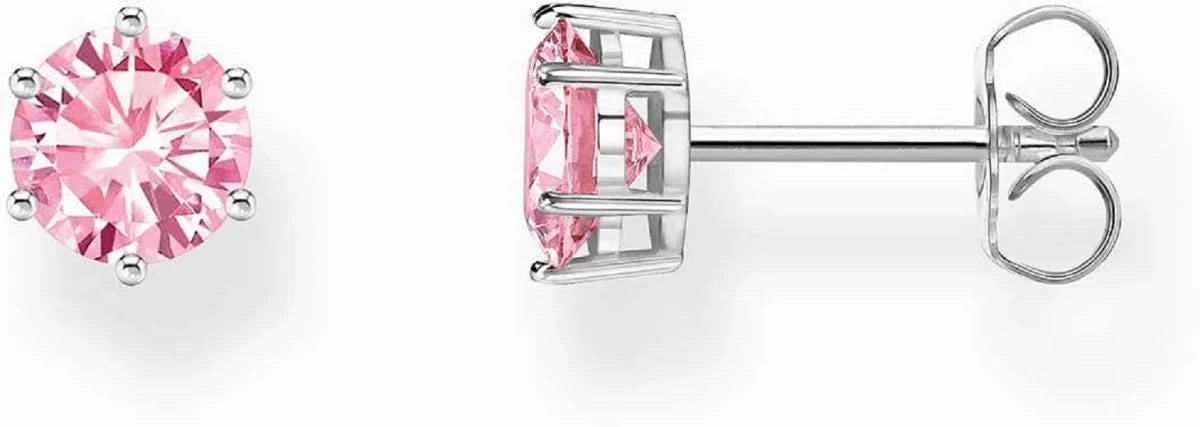 Örhängen med rund, rosa briljantslipad zirkonsten, silverfärgad infattning.