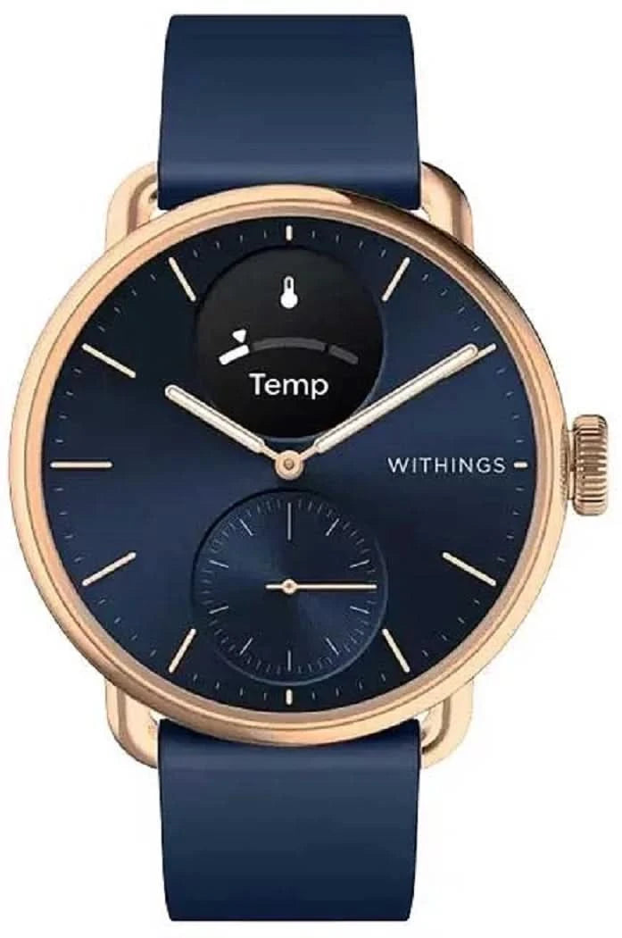 Hybrid smartwatch: blå urtavla, roséguldboett, mörkblått silikonarmband