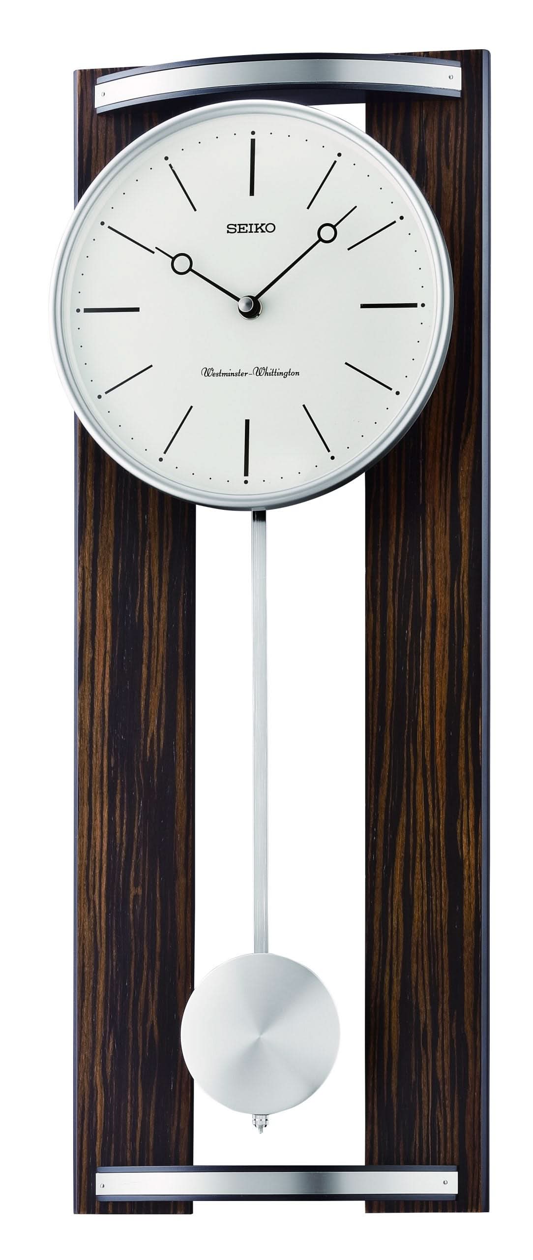 Seiko väggklocka med rund urtavla och trähölje, pendel nedtill