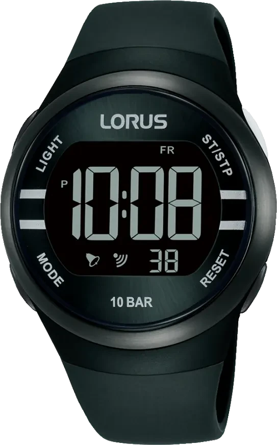 Lorus digital klocka med svart LCD-display och gummiarmband, 10 BAR