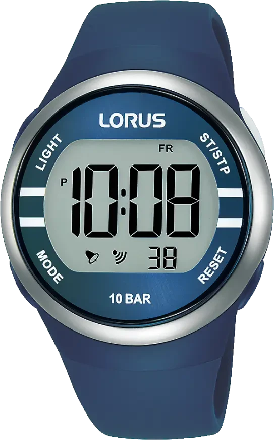 Lorus digital klocka med runt boett, blått silikonarmband och 10 BAR vattentålighet