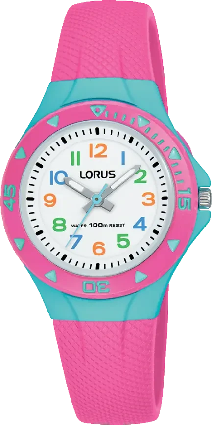 Lorus barnklocka med rosa silikonarmband, turkos infattning och urtavla