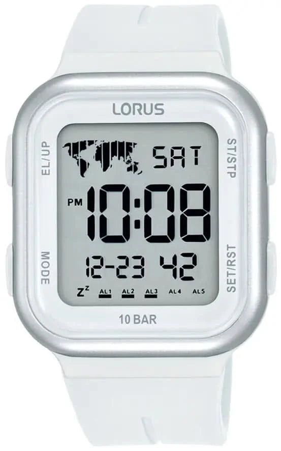 Herrklocka med vit silikonrem, silverfärgat hölje och digital display 10 BAR