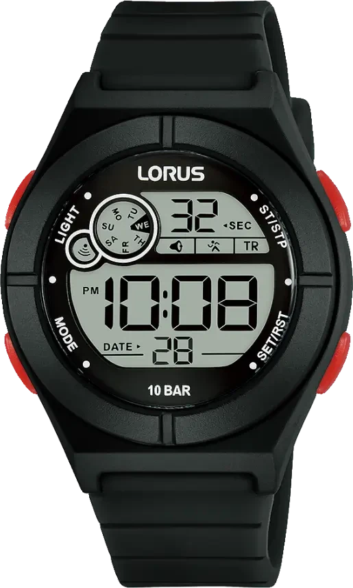 Lorus herrklocka: svart digital klocka med gummiarmband, röda knappar