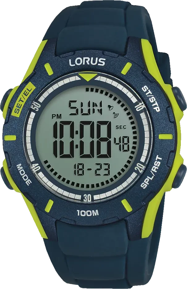 LORUS digital klocka för pojkar, blå boett med neongröna detaljer och digital display