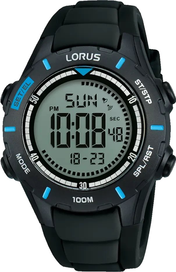Lorus digital herrklocka med svart armband, blå detalj på boetten och stor display