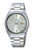 Seiko 5 Herrenarmbanduhr mit silbernem Edelstahlband, weißem Zifferblatt, grünen Indizes, Datum