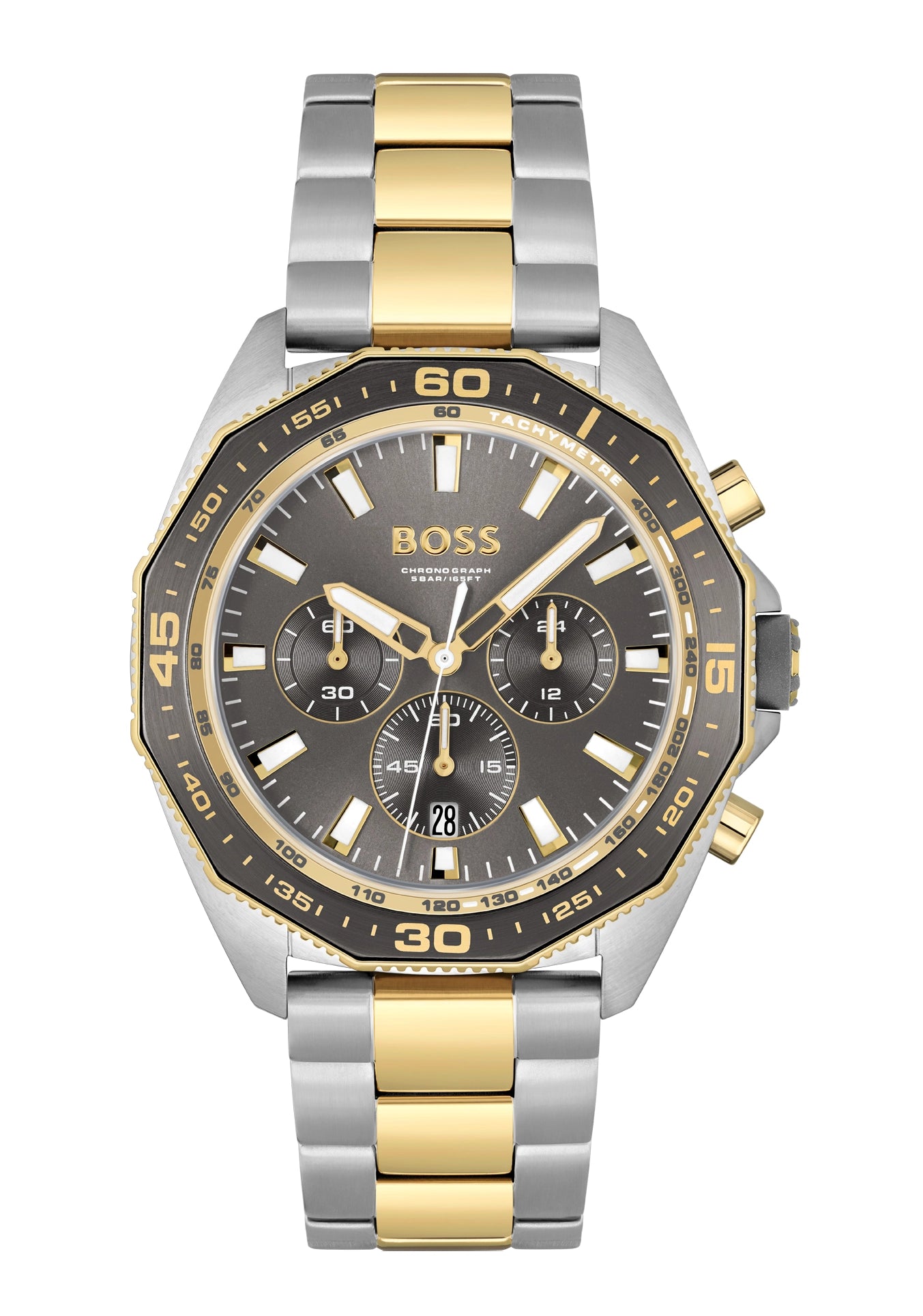 Herren-Chronograph BOSS Energy mit schwarzem Zifferblatt, Gold-Akzenten und Metallarmband