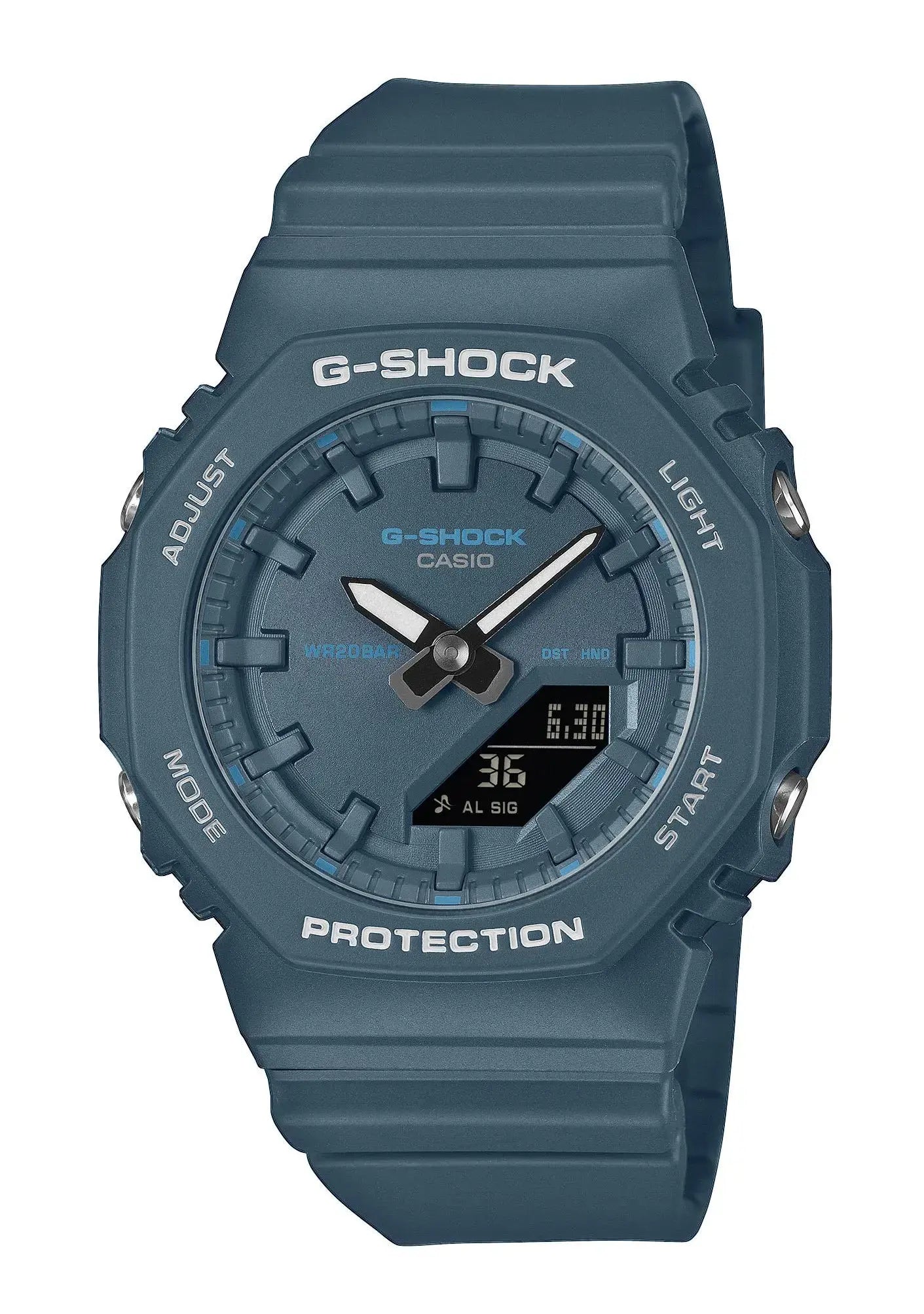 Casio G-SHOCK Armbanduhr mit dunklem blauem Kautschukband, Analog-Digital-Display