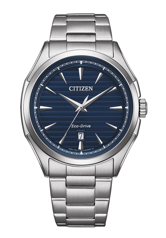 Citizen Eco-Drive Herrenuhr mit blauem Zifferblatt, Datumsanzeige und Edelstahlarmband