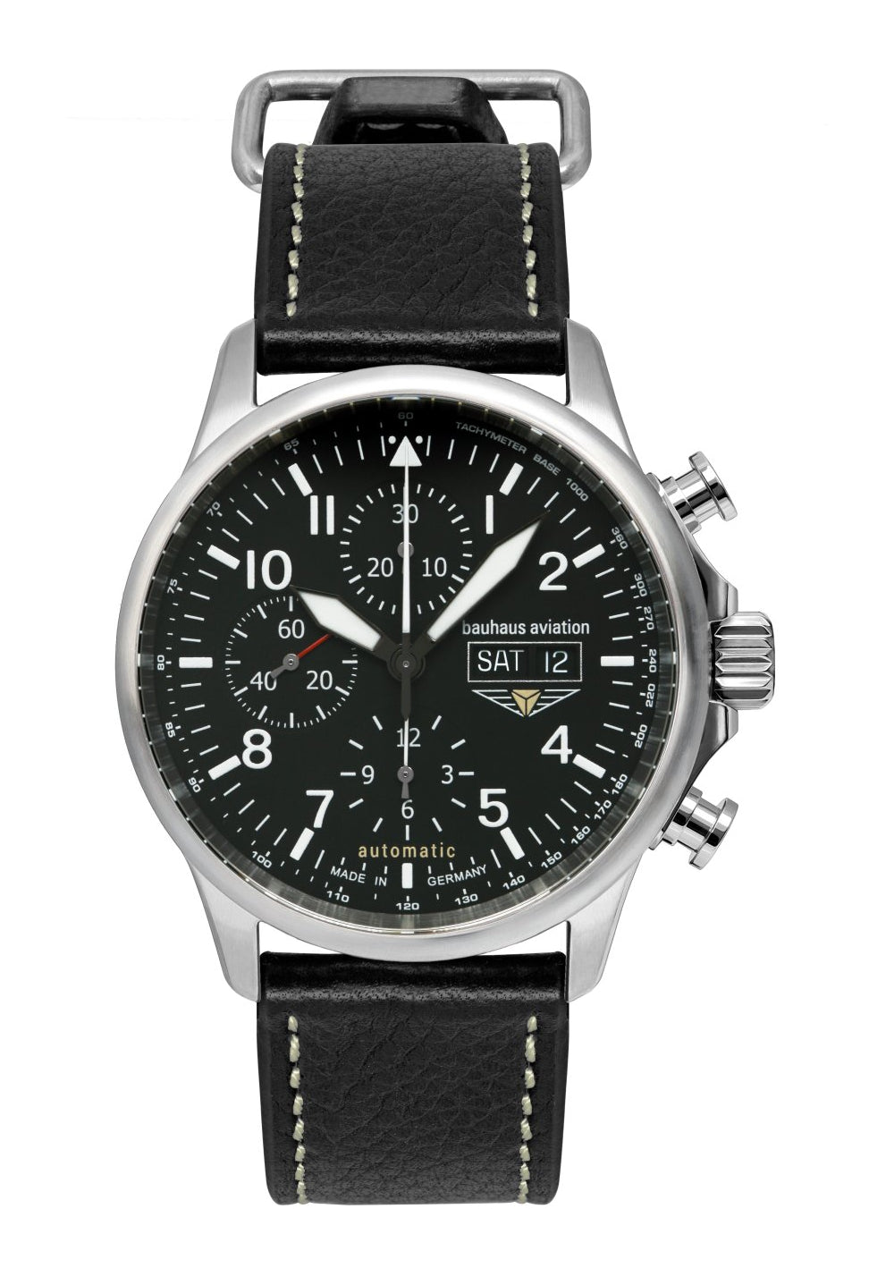 Herren-Automatikchronograph mit schwarzem Lederband und schwarzem Zifferblatt, Saphirglas