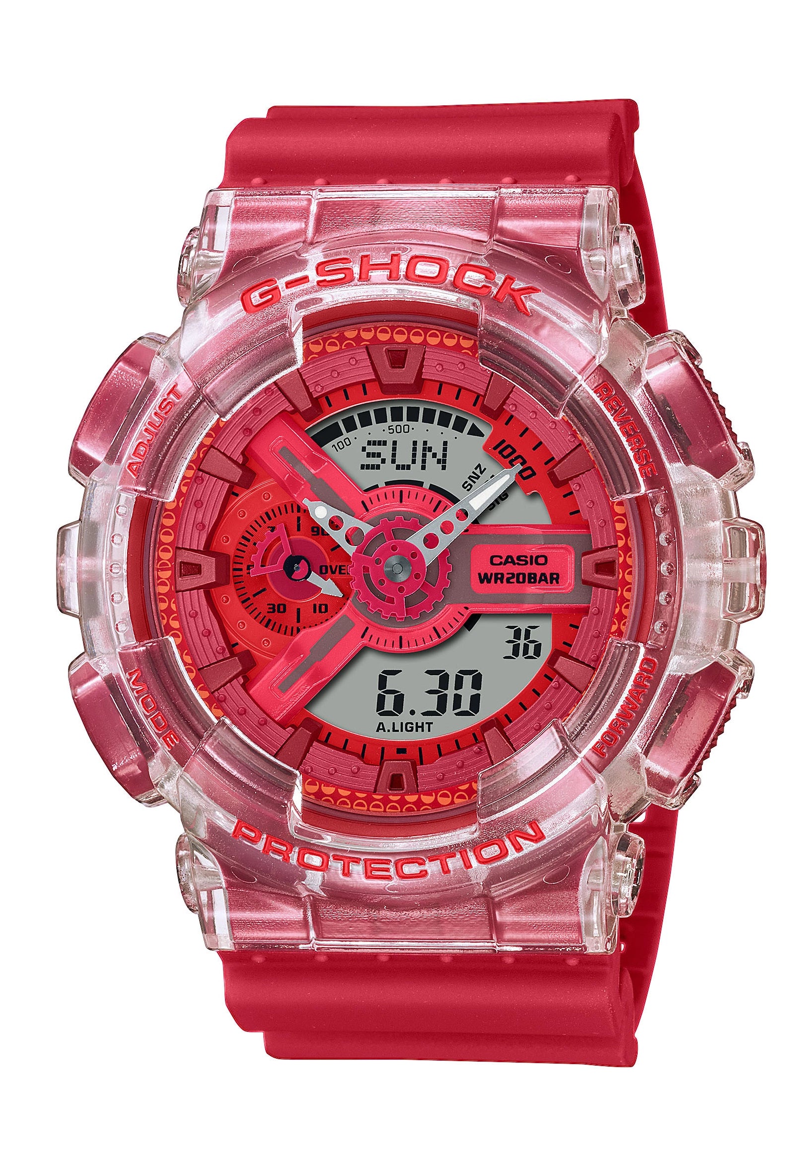 Rote G-Shock Armbanduhr mit transparentem Gehäuse und analog-digitalem Zifferblatt