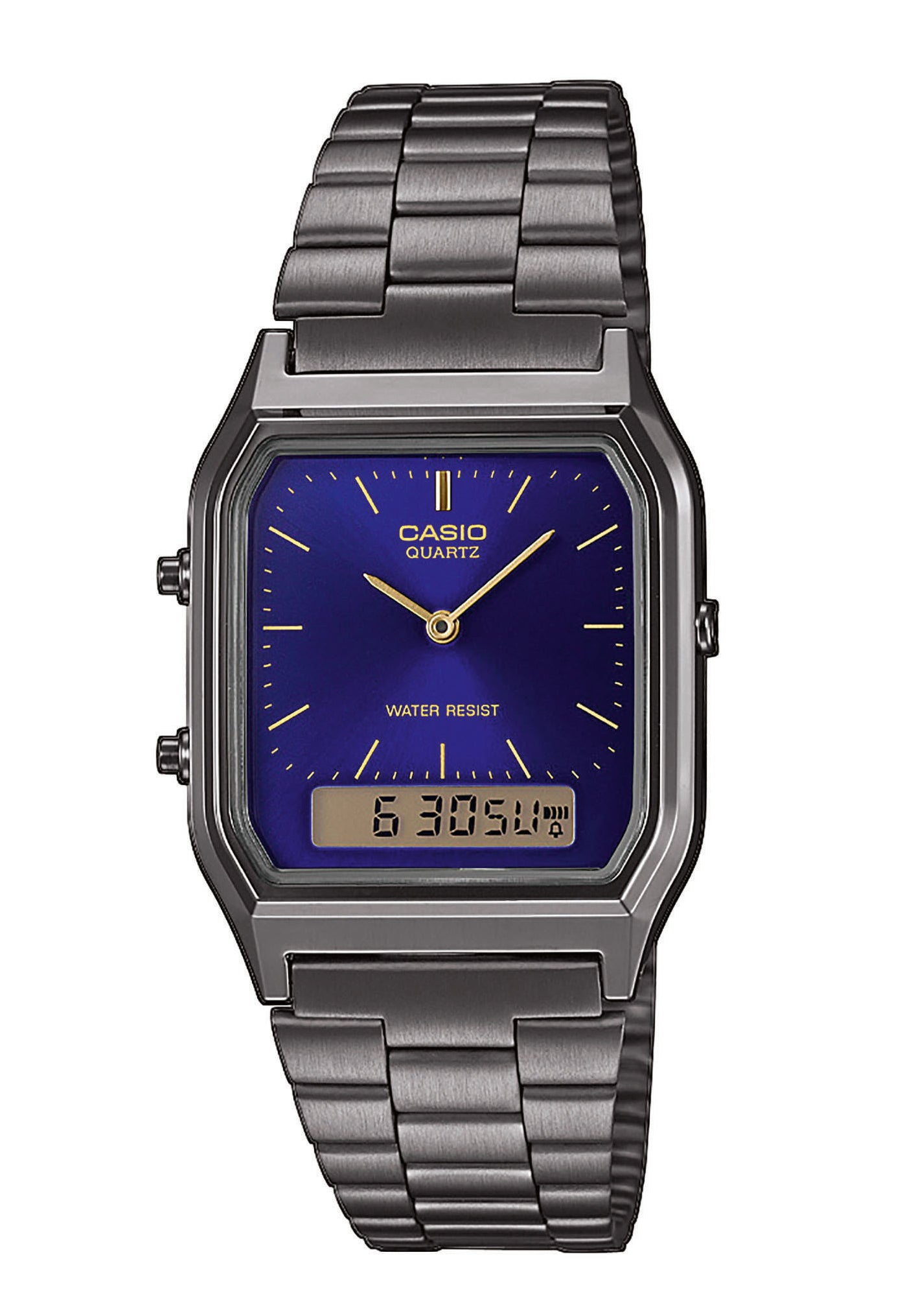 Casio Vintage-Uhr mit lila Zifferblatt, Metallarmband, Analogzeiger und digitale Anzeige.