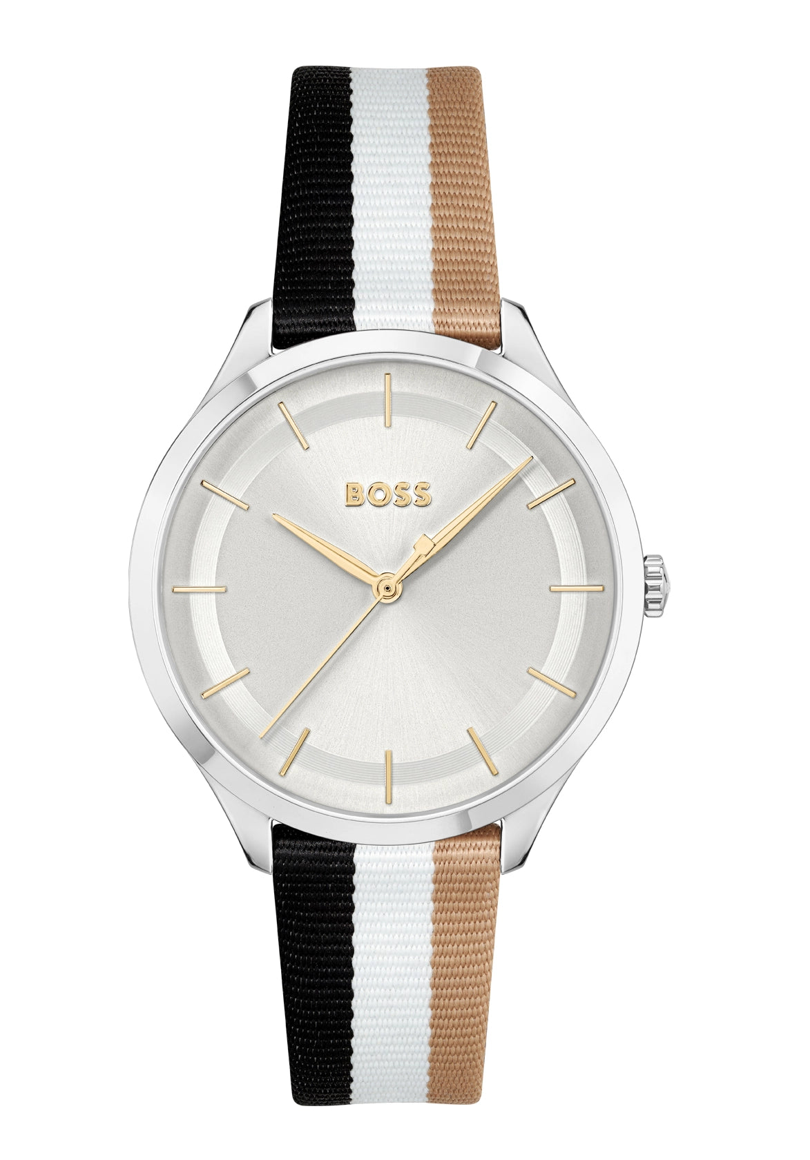 BOSS Damenarmbanduhr, silbernes Gehäuse, Stoffband in Schwarz/Beige, Quarz