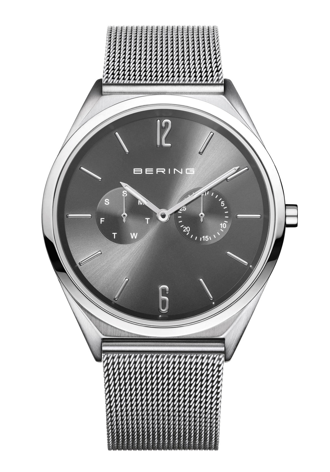Herren-Uhr Bering: silbernes Gehäuse, dunkles Zifferblatt, Mesh-Armband