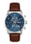 Quarz-Chronograph für Herren: blaues Zifferblatt, silbernes Edelstahlgehäuse, braunes Lederband.