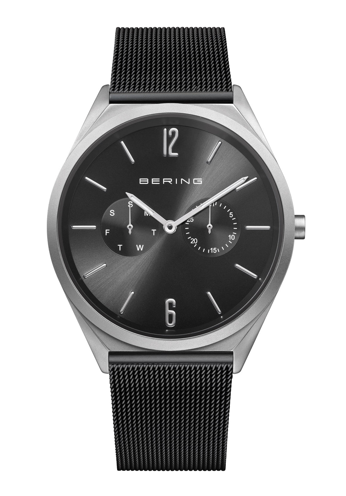 BERING Ultra Slim Herrenuhr mit schwarzem Zifferblatt, Mesh-Armband, Quarzwerk, Saphirglas