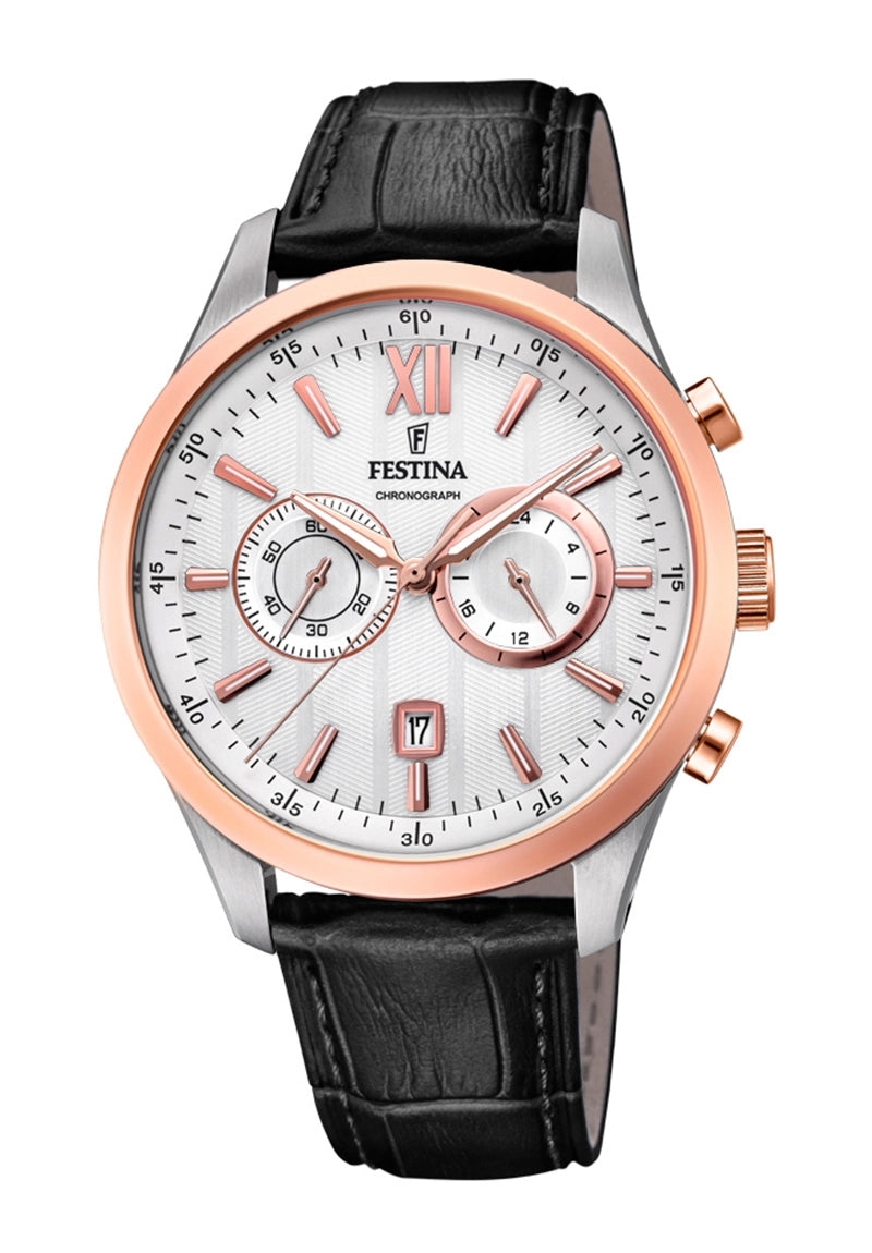 Festina Herren-Chronograph mit Lederarmband, silberfarbenem Gehäuse, weißem Zifferblatt, Datum