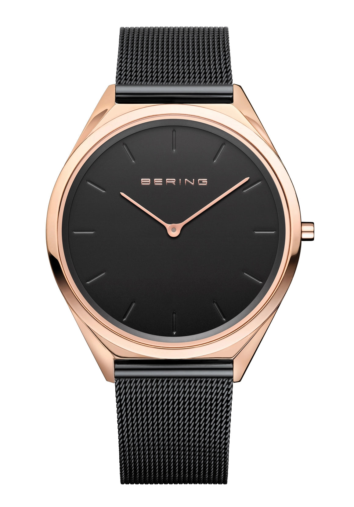 BERING Herrenuhr: schwarzes Zifferblatt, Roségoldgehäuse, schwarzes Milanaise-Armband