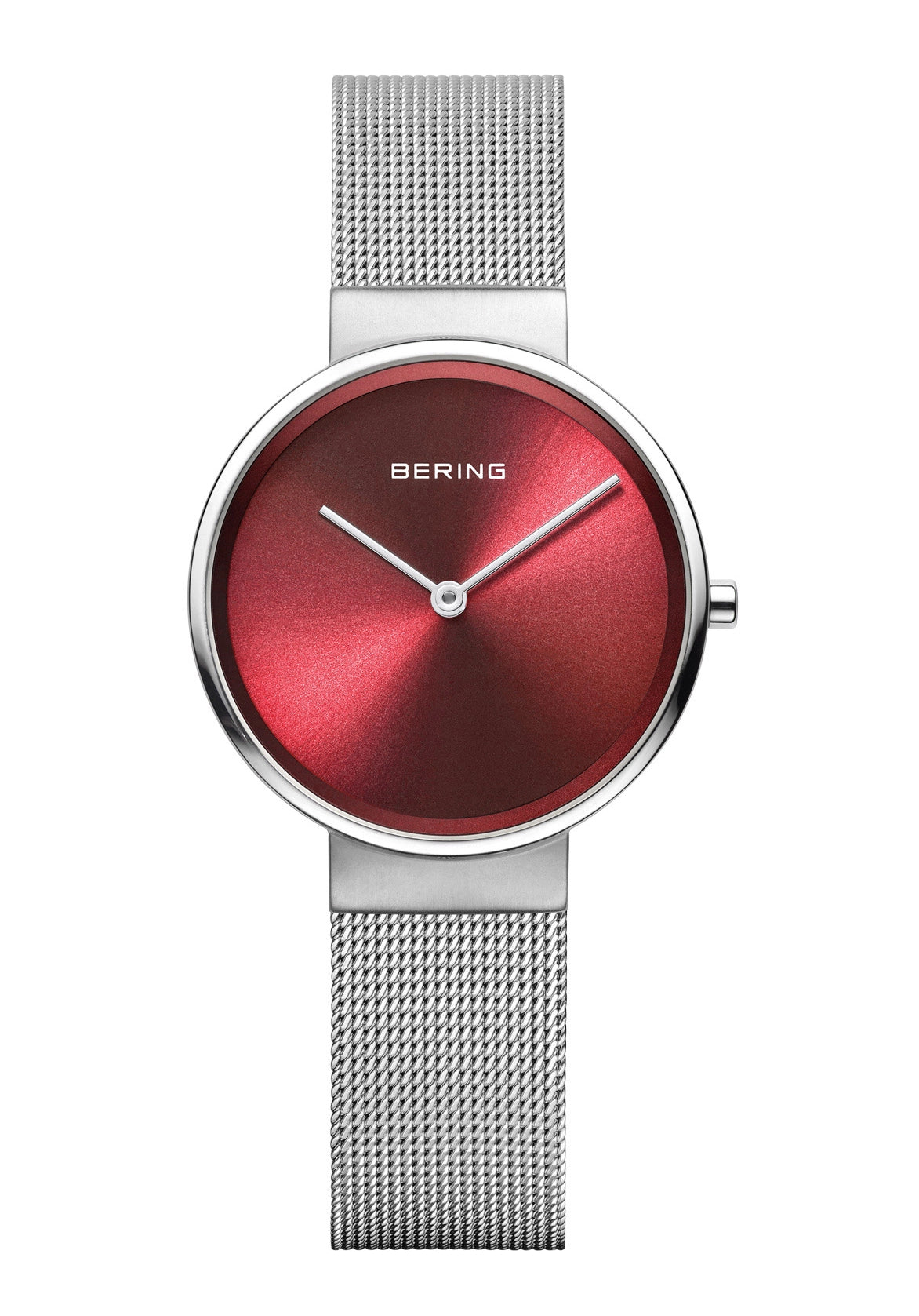 BERING Damenuhr mit rotem Zifferblatt, runder Lünette und silbernem Mesh-Armband.
