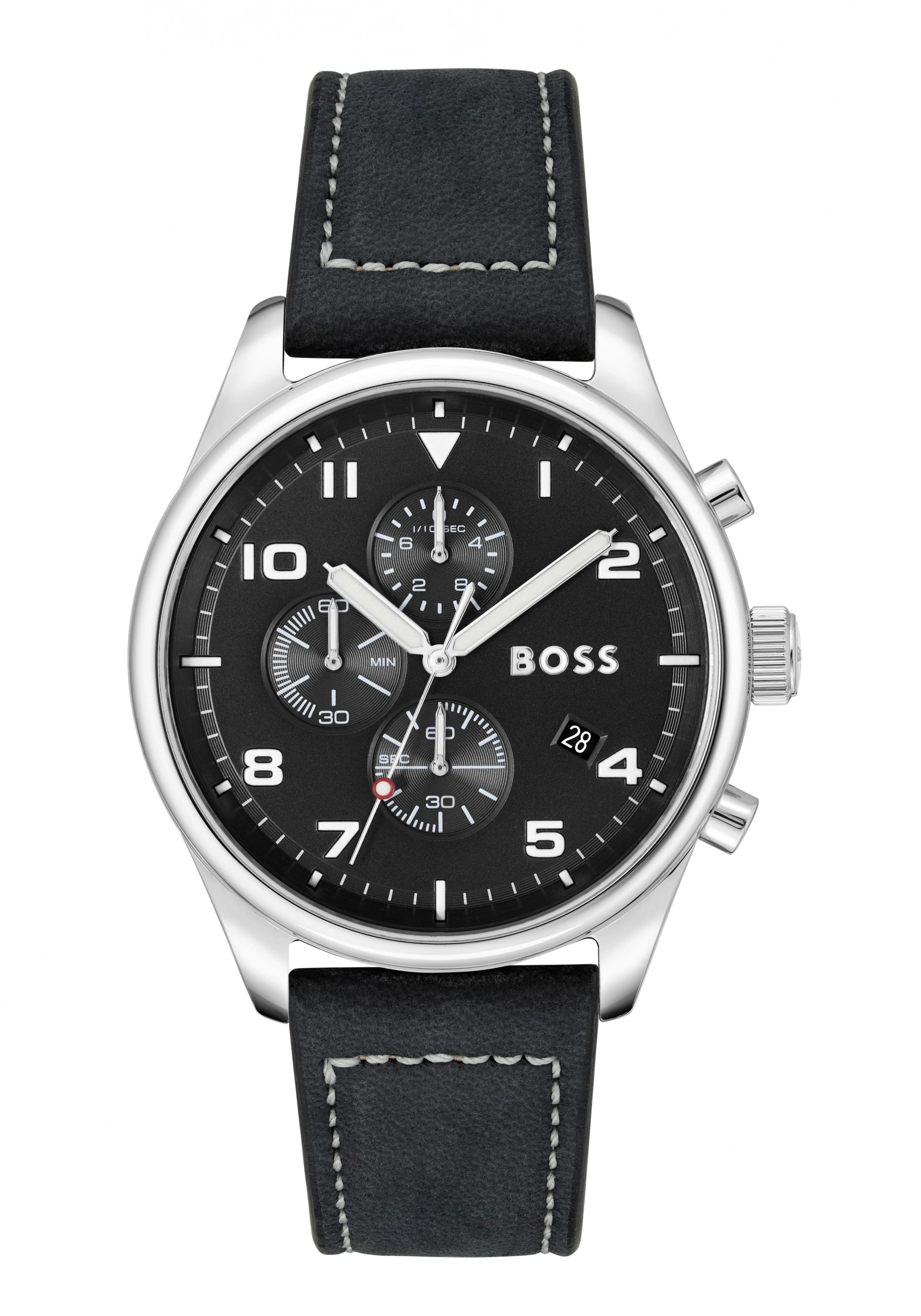 BOSS Chronograph-Uhr mit schwarzem Zifferblatt, Edelstahlgehäuse und schwarzem Lederband