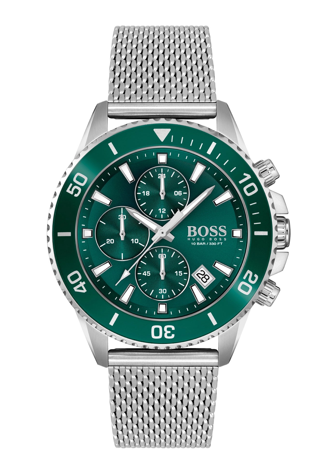 BOSS Admiral Herren-Chronograph mit grünem Zifferblatt, Drehlünette und Mesh-Band