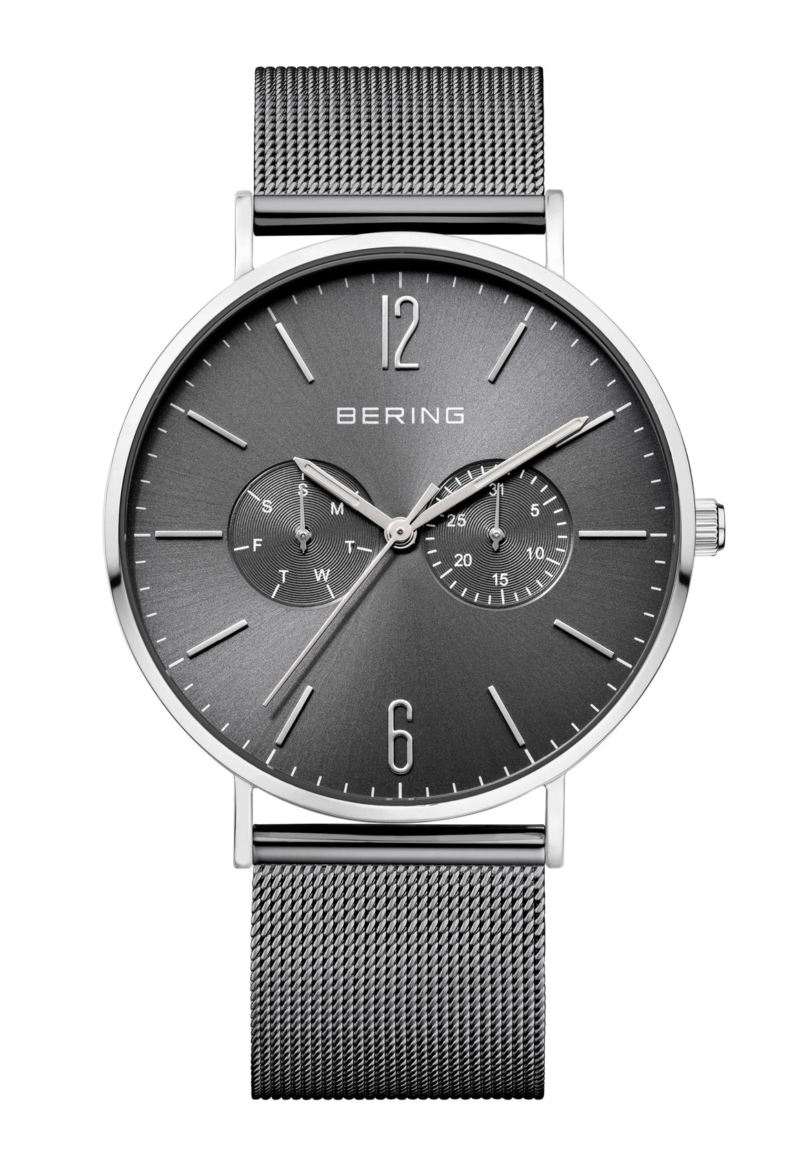 BERING Herrenarmbanduhr mit dunklem Zifferblatt und Metallgliederband, runde Lünette