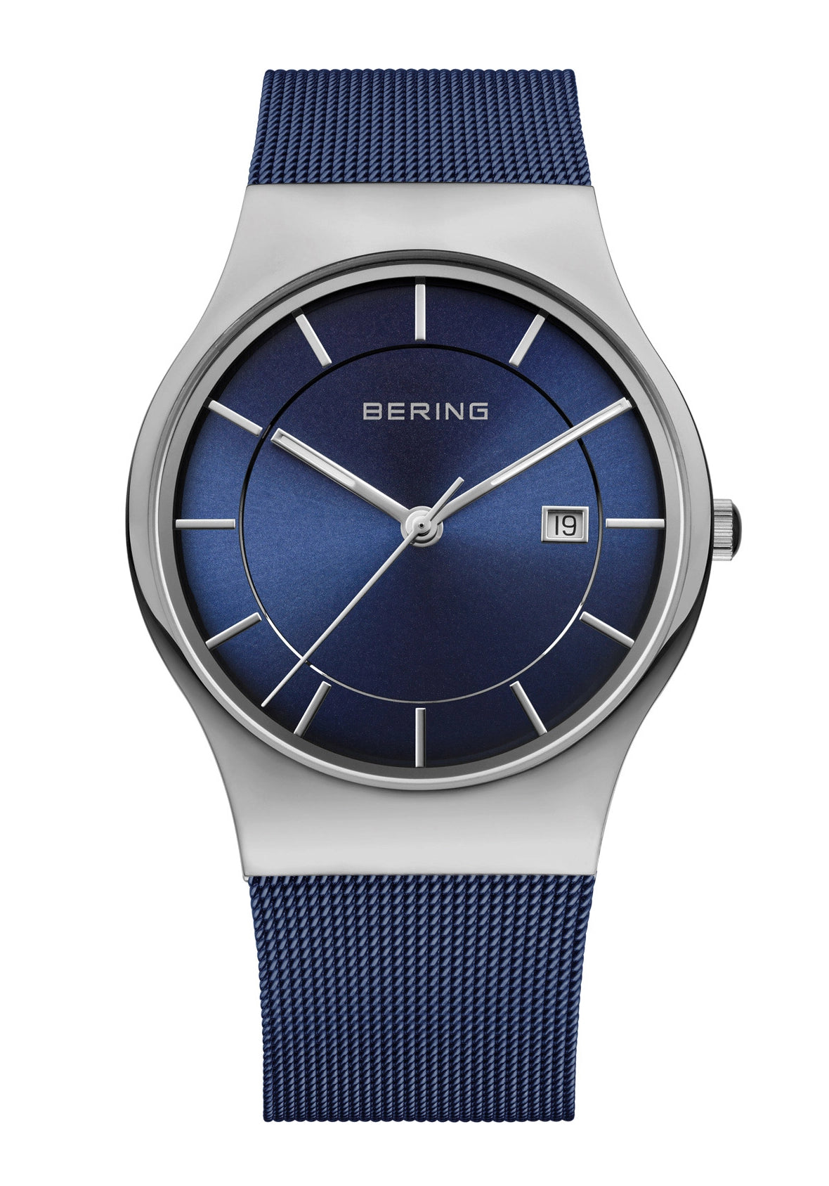 Bering Herrenuhr mit blauem Zifferblatt, silbernem Gehäuse und blauem Milanaise-Armband