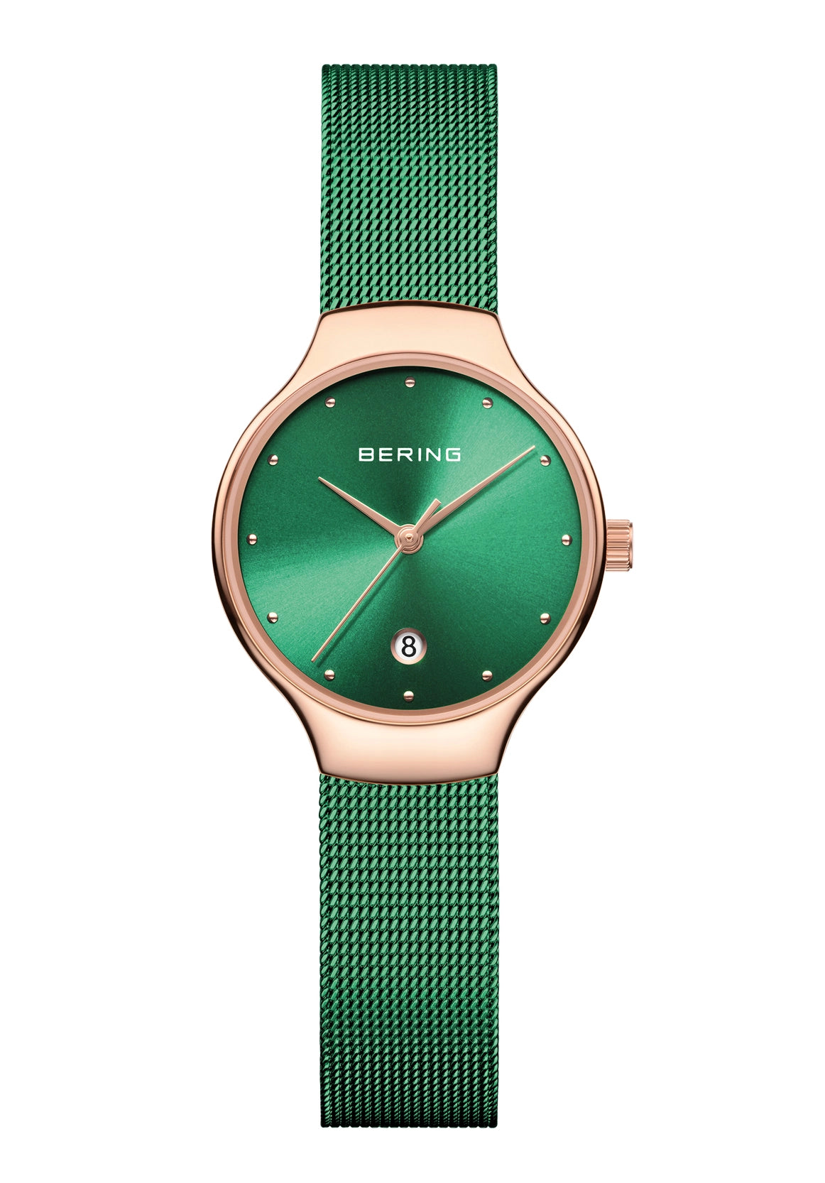 Bering Damenuhr mit grünem Zifferblatt, roségoldfarbenem Gehäuse und grünem Mesh-Armband