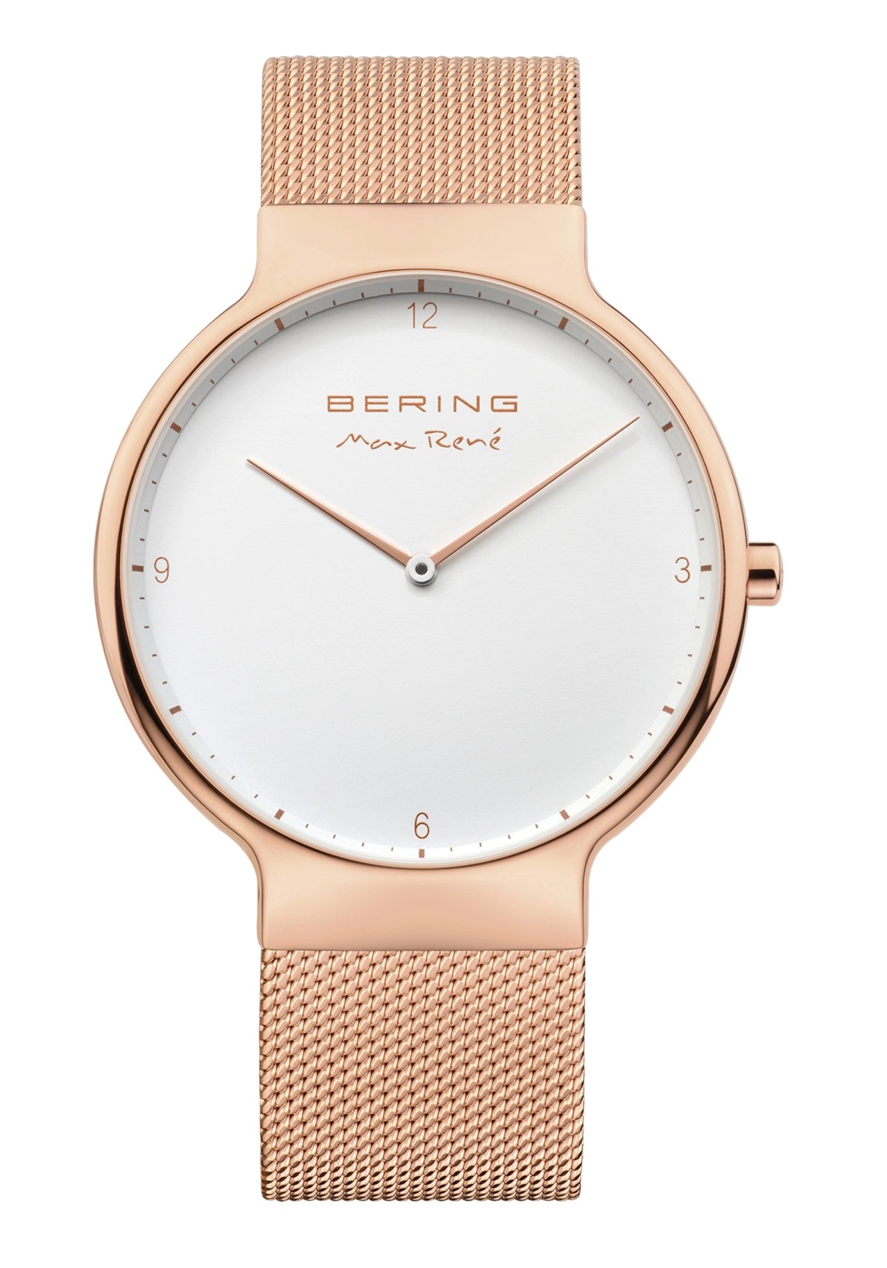 Herren-Armbanduhr Bering Max René mit roségoldener Mesh-Band, weißem Zifferblatt und Zeigern