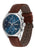 Herren-Quarzchronograph mit blauem Zifferblatt, silbernen Chronografendrückern, braunem Lederarmband.