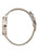 BOSS Damenarmbanduhr, Seitenansicht mit goldfarbenem Gehäuse und grauem Lederarmband