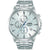 Zegarek Lorus Chronograph ze srebrną metalową bransoletą, białą tarczą i szkłem mineralnym