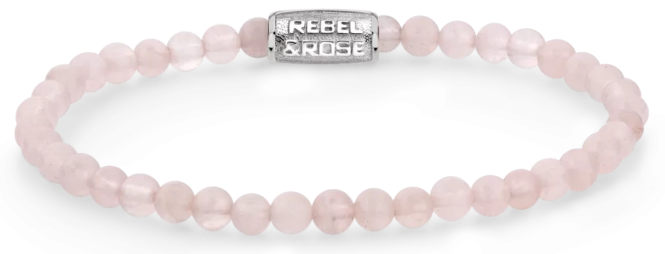 Rosenkvartsarmband med rosa pärlor och lås i rostfritt stål, Rebel&Rose-logotyp