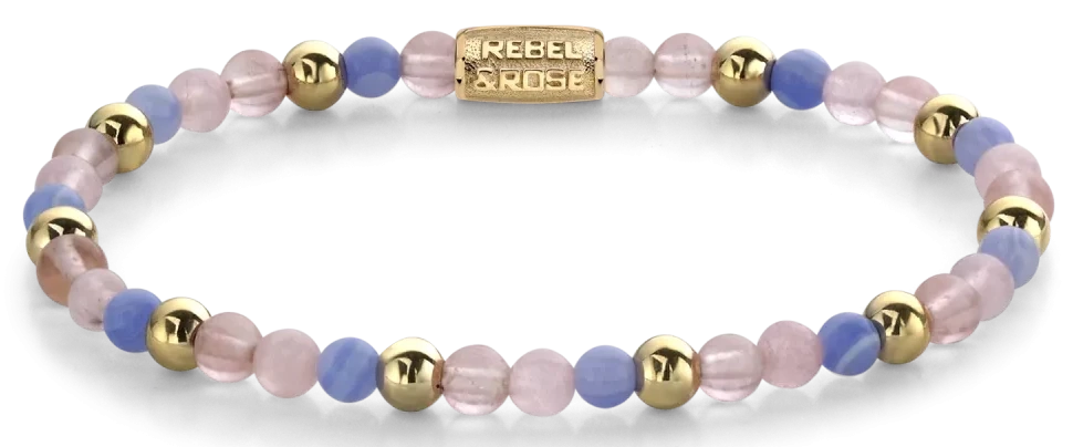 Stenarmband med rosa, lila och blå pärlor samt guldfärgade kulor och lås