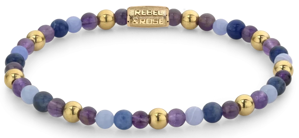 Armband med ädelstenar med lila och blå pärlor samt guldfärgade kulformade element